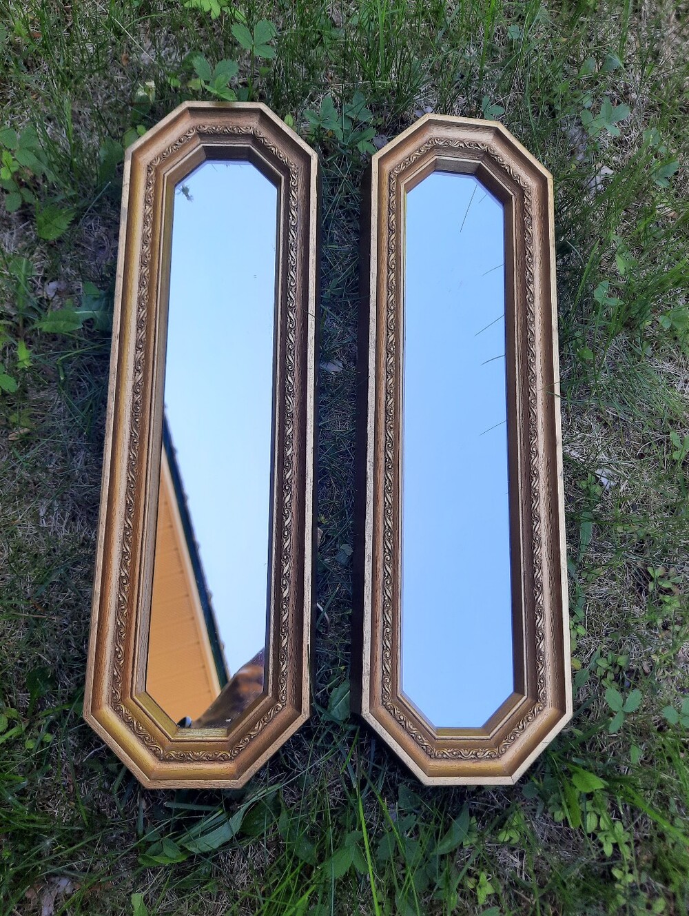 Vintage 1980s 2 Gold Scroll Detail Plastic Framed Retangle Hanging Wall Mirrors